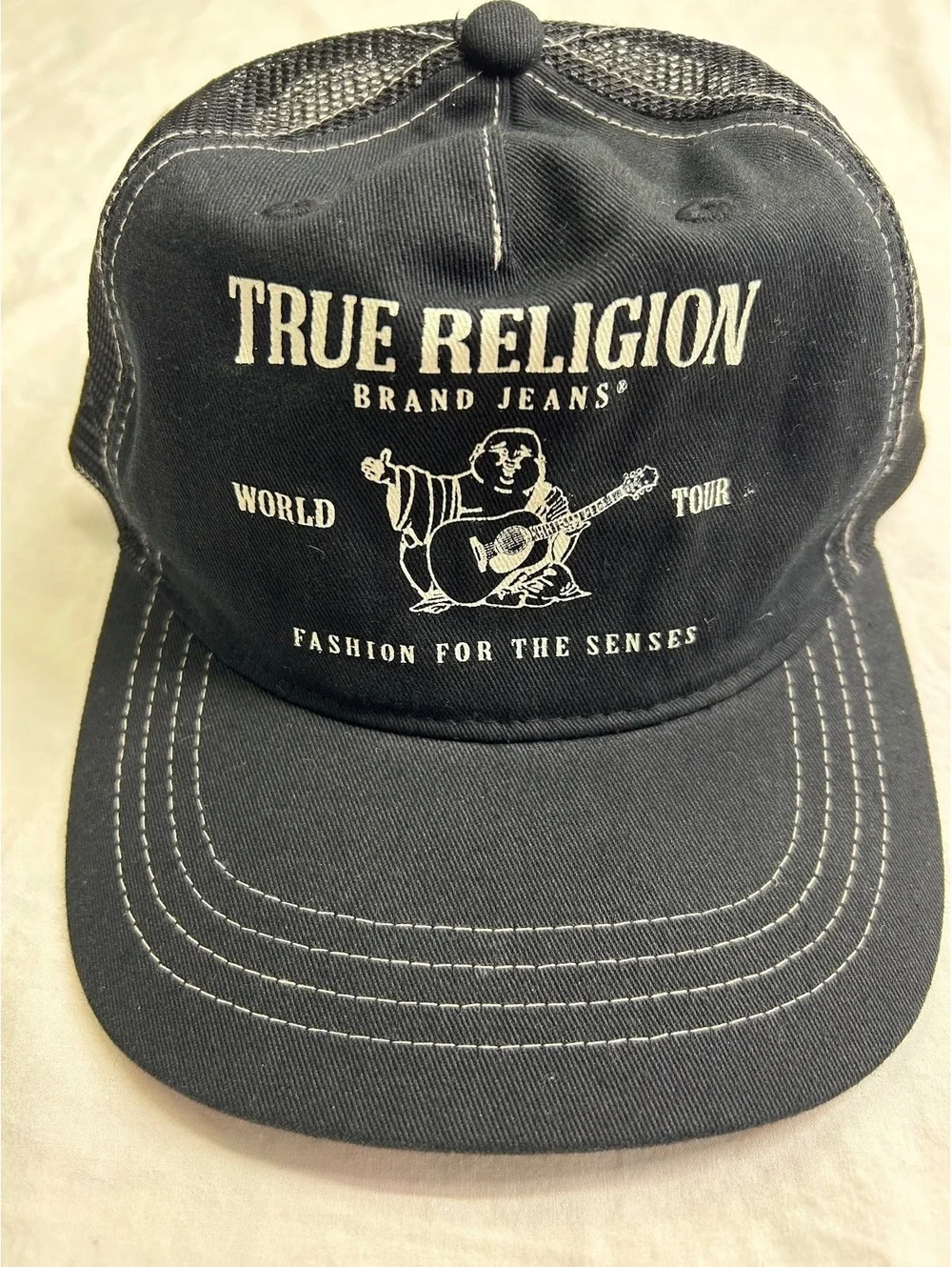 True Religion Black Mesh Trucker Snapback Hat OS Adjustable Logo Cap